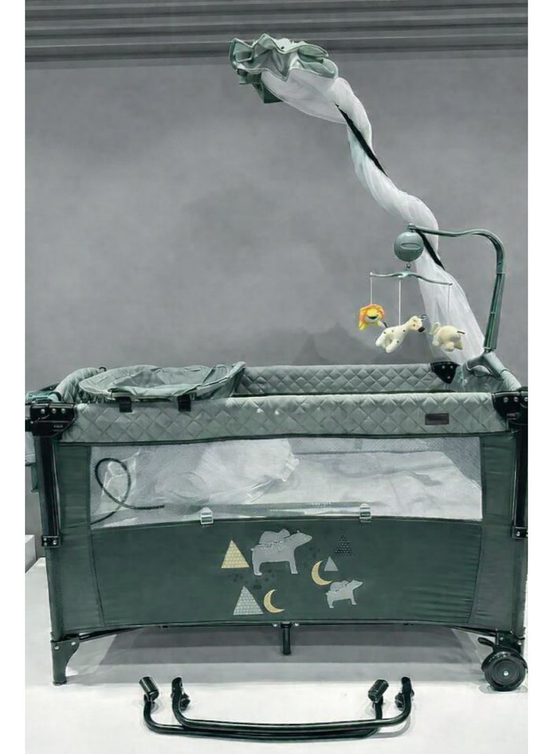 Burbay Baby Playpen Play Yard with Mosquito Net & Musical Mobile – Foldable Baby Play Bed with Wheels, Breathable Mesh Sides & Storage Pocket – Portable Travel Cot for Newborn to Toddler – Grey-Green