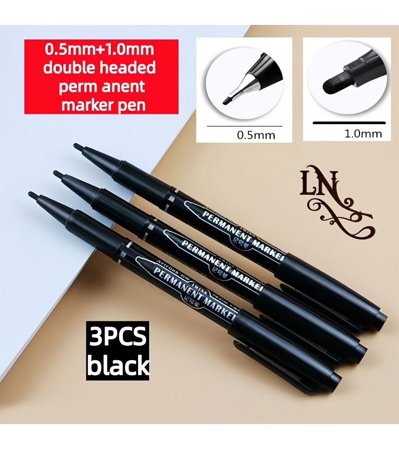 3 Pieces Double Tip Non Erasable Permanent Markers Black 0.5mm And 1.0mm Line Width Fine Tip Quick Dry Ink For Drawing Doodling Signatures Marking Art Projects - Image 1