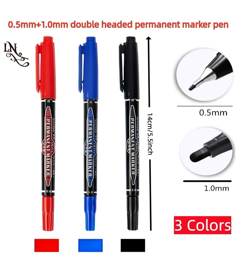 3 Pieces Double Tip Non Erasable Permanent Markers Black 0.5mm And 1.0mm Line Width Fine Tip Quick Dry Ink For Drawing Doodling Signatures Marking Art Projects - Image 2