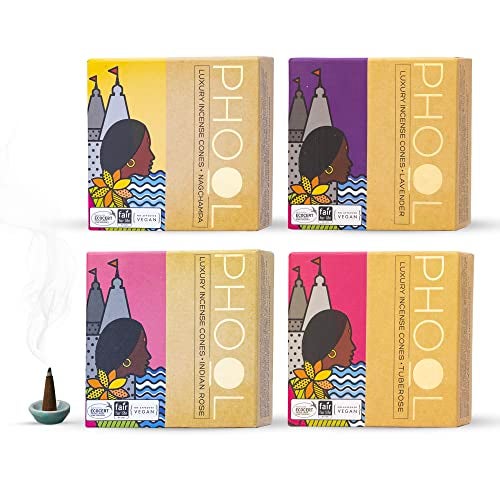 PHOOL LUXURY INCENSE Natural Incense Cones (Bundle Pack of 4) I Special Pack Floral Fragrances - Indian Rose, Tuberose, Lavender, Nagchampa I 100% Organic Dhoop Cones I Chemical & Charcoal Free - Image 1