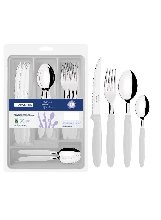 Tramontina Ipanema 25-Piece Flatware Set with Stainless-Steel Blades White Polypropylene Handles and Plastic Drawer Organizer - Image 1