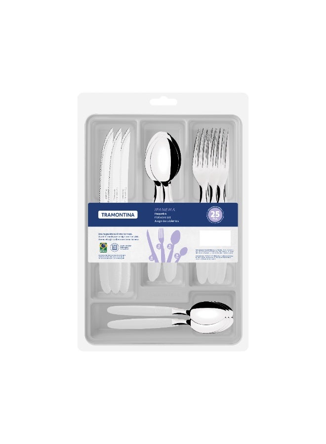 Tramontina Ipanema 25-Piece Flatware Set with Stainless-Steel Blades White Polypropylene Handles and Plastic Drawer Organizer - Image 2