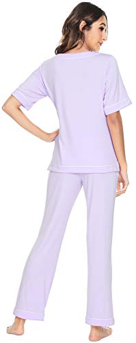 WiWi Viscose from Bamboo Pajamas Set for Women Super Soft Short Sleeves Top with Long Pants Pjs Cooling Sleepwear with Pocket SXXL Taro Purple XLarge - Image 3