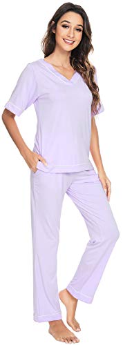 WiWi Viscose from Bamboo Pajamas Set for Women Super Soft Short Sleeves Top with Long Pants Pjs Cooling Sleepwear with Pocket SXXL Taro Purple XLarge - Image 1