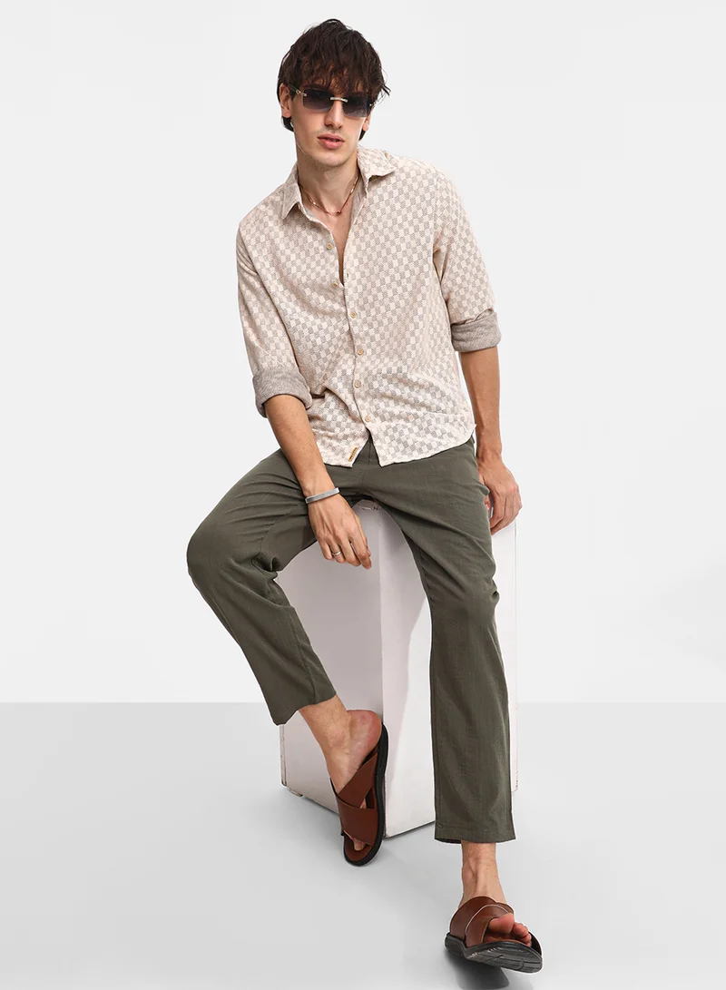 Campus Sutra Men's Saltbox Beige Checkered-Textured Shirt