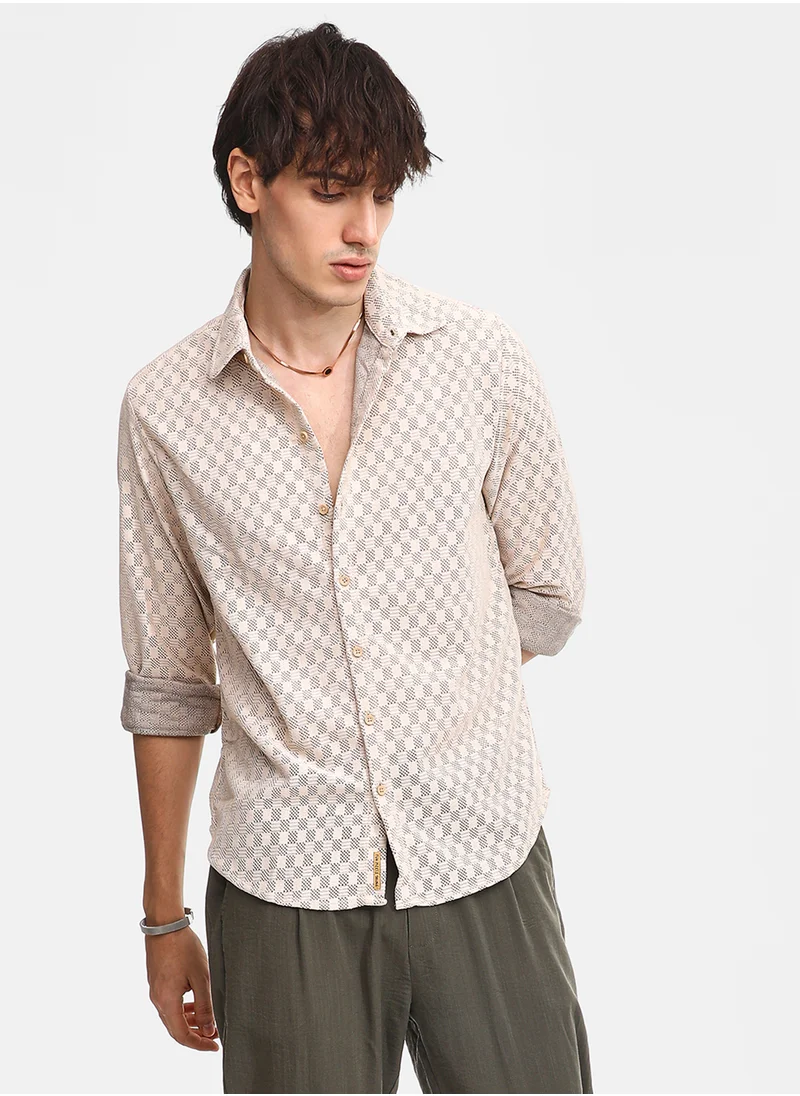 Campus Sutra Men's Saltbox Beige Checkered-Textured Shirt