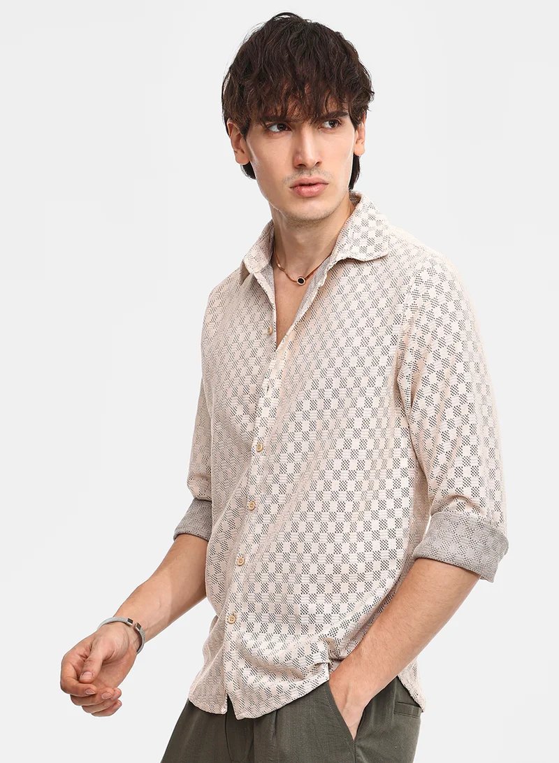 Campus Sutra Men's Saltbox Beige Checkered-Textured Shirt