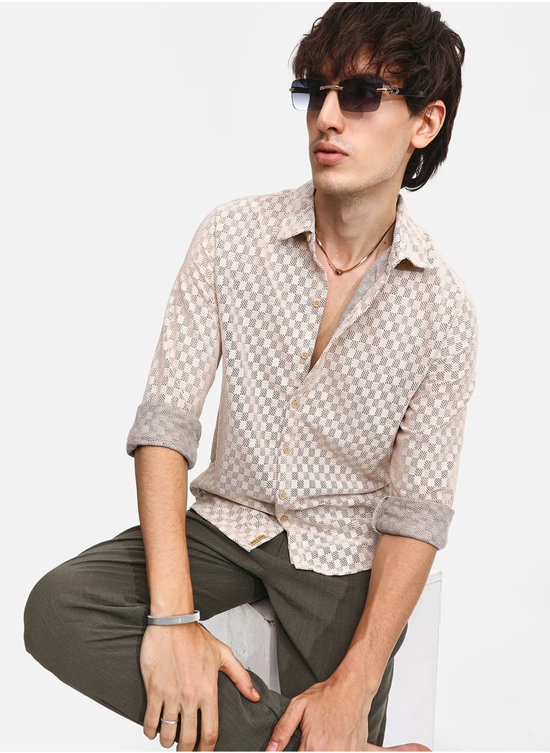 Campus Sutra Men's Saltbox Beige Checkered-Textured Shirt