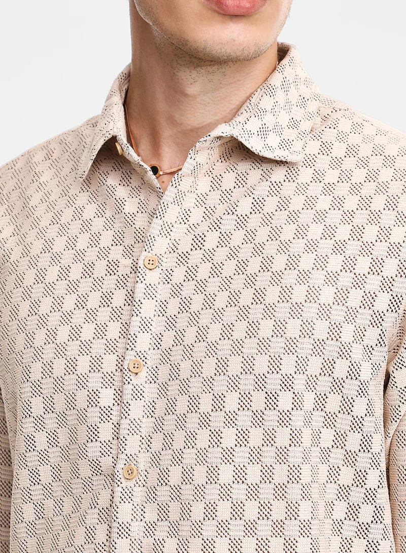 Campus Sutra Men's Saltbox Beige Checkered-Textured Shirt