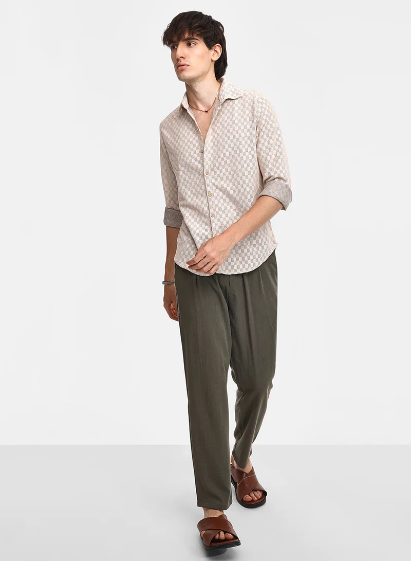 Campus Sutra Men's Saltbox Beige Checkered-Textured Shirt