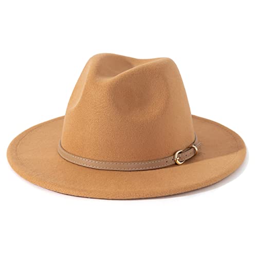 Lisianthus Women Classic Felt Fedora Wide Brim Hat with Belt Buckle ACamel