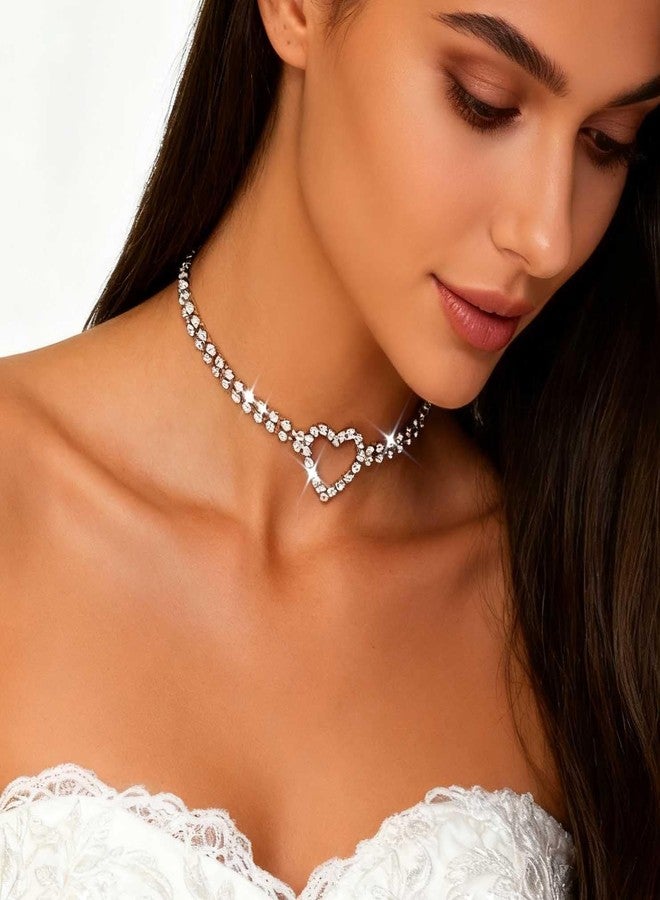 CLOACE Rhinestone Choker Necklaces Silver Heart Necklace Sparkly Tennis Chain Party Prom Neck Jewelry for Women - Image 4