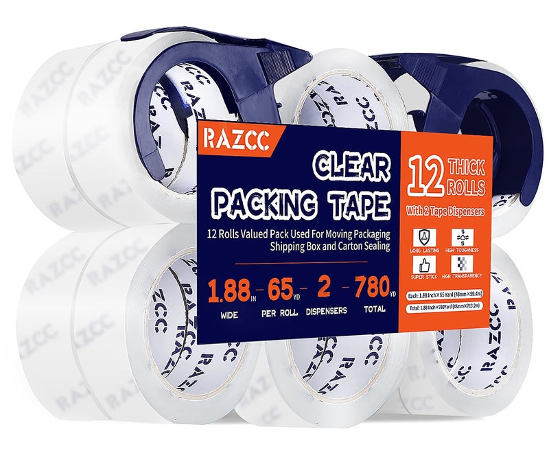 RAZCC Packing Tape, 12 Rolls Clear Heavy Duty Packaging Tape with Dispensers for Packing, Shipping, Moving and Mailing, Thicker Sealing Tape-1.88" x 65 Yards Per Roll, 780 Total Yards - Image 1