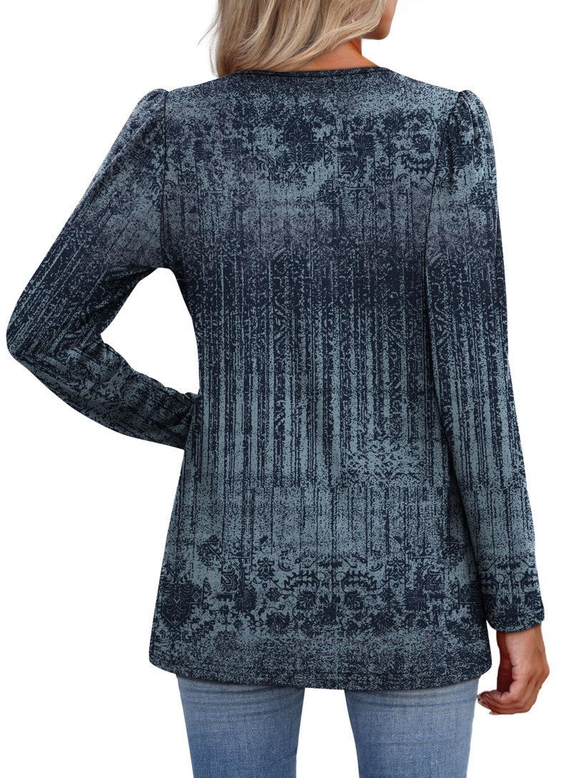 WIHOLL Long Sleeve Shirts for Women V Neck Dressy Casual Blouses Trendy Boho Tops Fall Fashion Winter Clothing Plus Size Ethnic Blue XL - Image 5