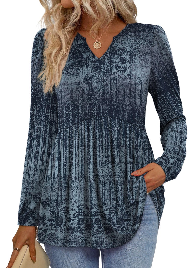 WIHOLL Long Sleeve Shirts for Women V Neck Dressy Casual Blouses Trendy Boho Tops Fall Fashion Winter Clothing Plus Size Ethnic Blue XL - Image 1