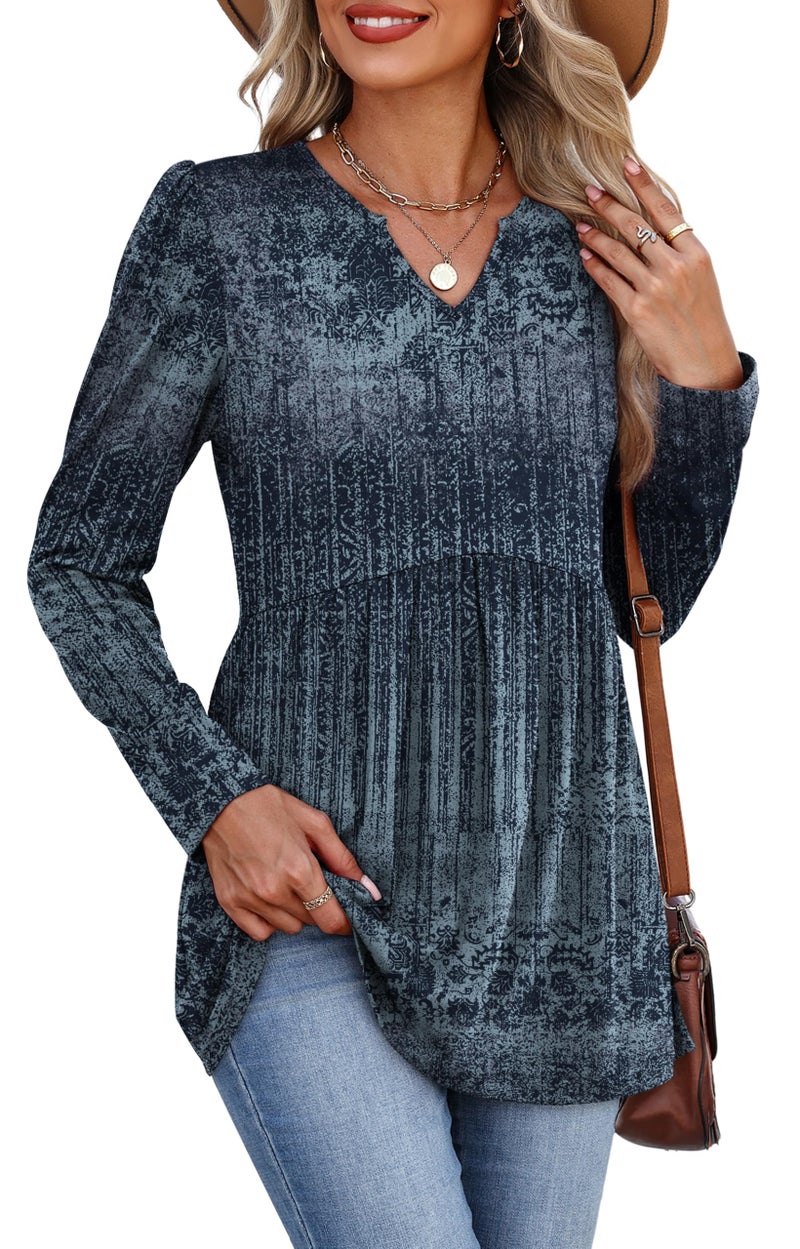 WIHOLL Long Sleeve Shirts for Women V Neck Dressy Casual Blouses Trendy Boho Tops Fall Fashion Winter Clothing Plus Size Ethnic Blue XL - Image 3