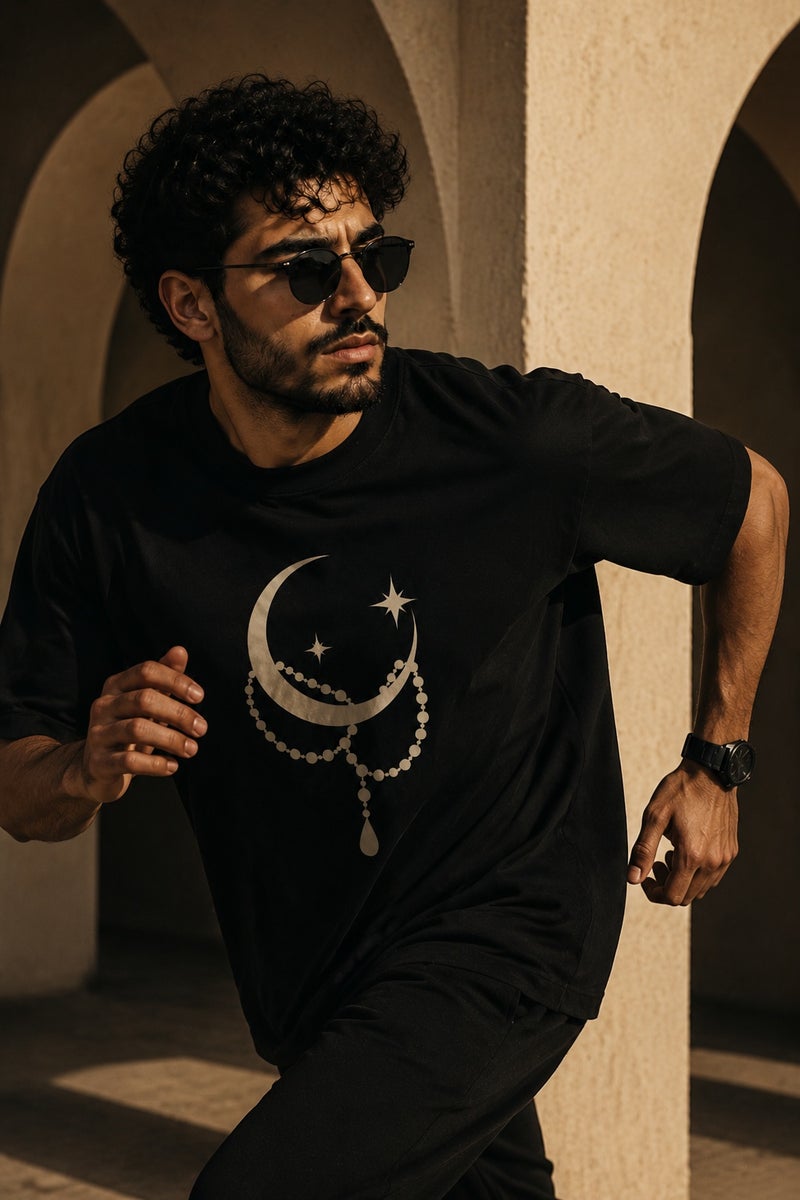 Men's Black Crescent Moon Graphic T-Shirt Casual Short Sleeve Crew Neck Streetwear Tee - Image 3