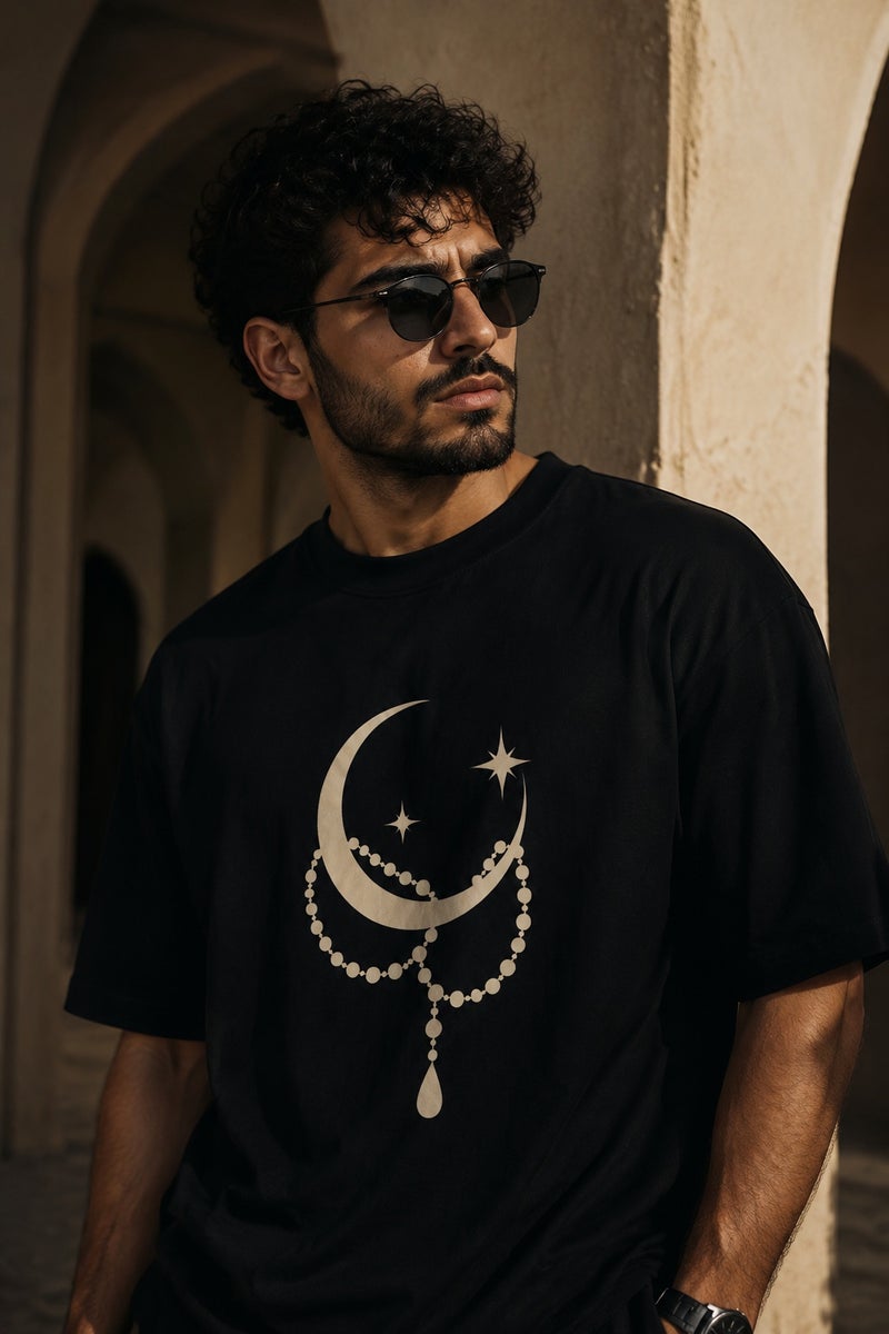 Men's Black Crescent Moon Graphic T-Shirt Casual Short Sleeve Crew Neck Streetwear Tee - Image 1