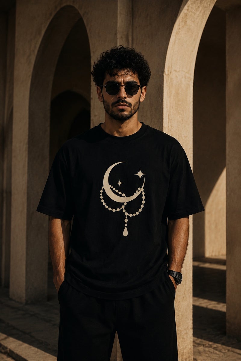 Men's Black Crescent Moon Graphic T-Shirt Casual Short Sleeve Crew Neck Streetwear Tee - Image 2