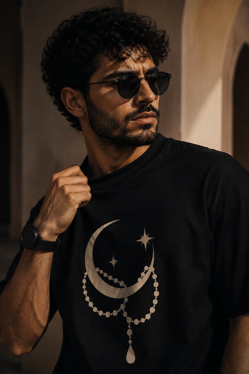 Men's Black Crescent Moon Graphic T-Shirt Casual Short Sleeve Crew Neck Streetwear Tee - Image 5