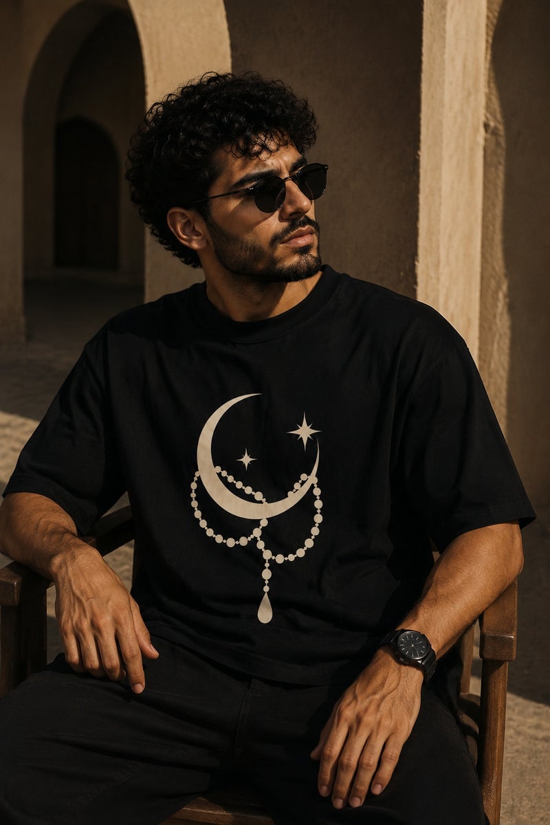 Men's Black Crescent Moon Graphic T-Shirt Casual Short Sleeve Crew Neck Streetwear Tee - Image 4