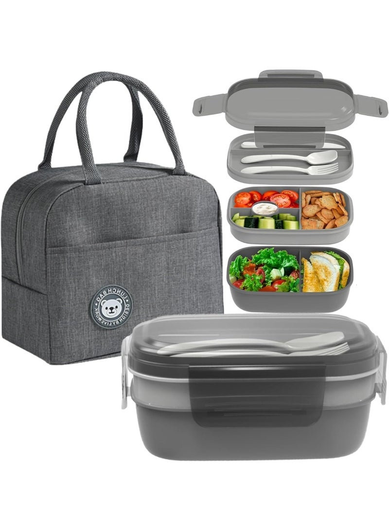 صندوق غداء بينتو للأطفال والبالغين، حاويات طعام مقاومة للتسرب 64 أوقية مع حقيبة، صندوق بينتو آمن للميكروويف خال من BPA مع أواني، صندوق غداء قابل للتكديس من 3 طبقات للعمل والمدرسة والنزهة (رمادي)