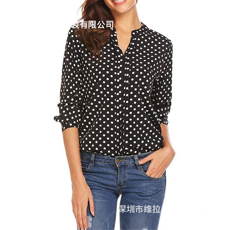 Women's Polka Dot V-Neck Long Sleeve Blouse - Image 4