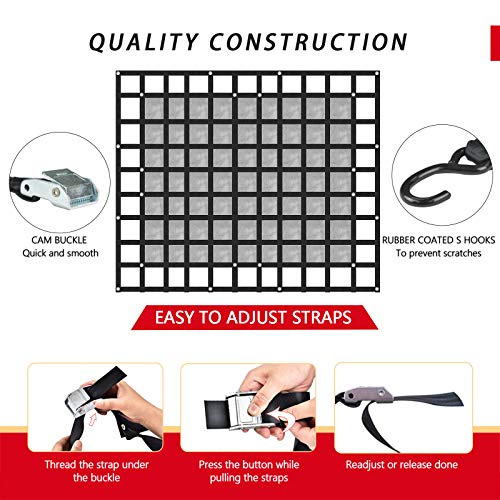Surmount Way Surmountway Cargo Net for Pickup Truck Bed with Mesh(96" x 80"), Truck Bed Cargo Net Capacity 1100LBS, Heavy Duty Cargo Nets with Adjustable Cam Buckles & S-Hooks, Truck Cargo Net for Trailer Trucks - Image 4