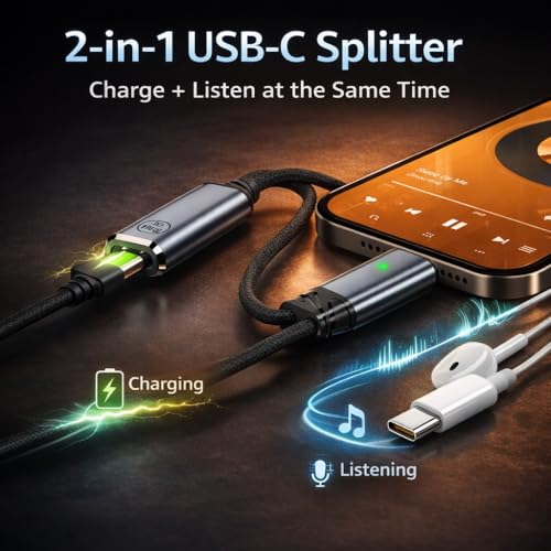 Mizi 2025 Upgraded USB C Splitter Adapter – 100W Fast Charging & Audio Dongle with Dual USB C Ports for iPhone 16/15, iPad, MacBook, Galaxy S24/S23, Pixel & More – Grey - Image 2