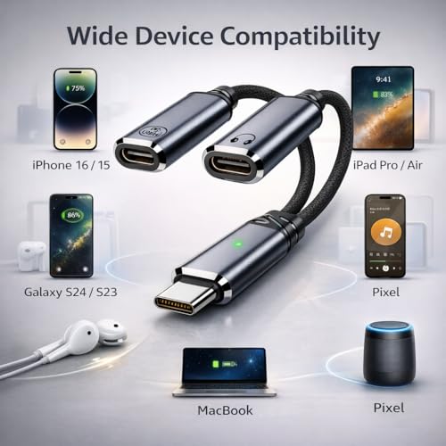 Mizi 2025 Upgraded USB C Splitter Adapter – 100W Fast Charging & Audio Dongle with Dual USB C Ports for iPhone 16/15, iPad, MacBook, Galaxy S24/S23, Pixel & More – Grey - Image 5