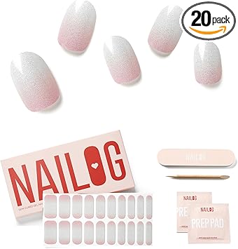 NAILOG Semi Cured Gel Nail Strips Glossy Long Lasting Soft Gel Finish 20 Extra Long Stickers WrapsFrench Gleam - Image 1