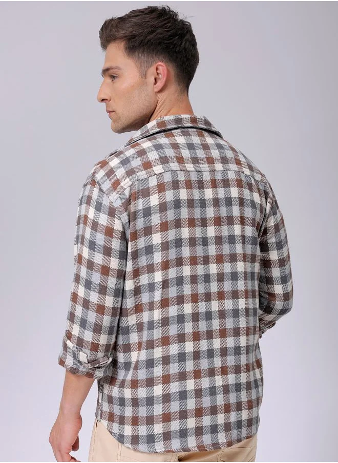 شركة المرآب الهندية Men Relaxed Fit Checkered Full Sleeves Cutaway Collar Resort Wear Shirt