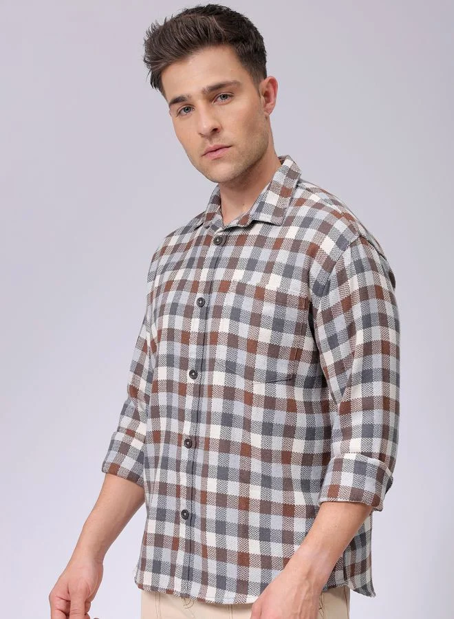 The Indian Garage Co Men Relaxed Fit Checkered Full Sleeves Cutaway Collar Resort Wear Shirt