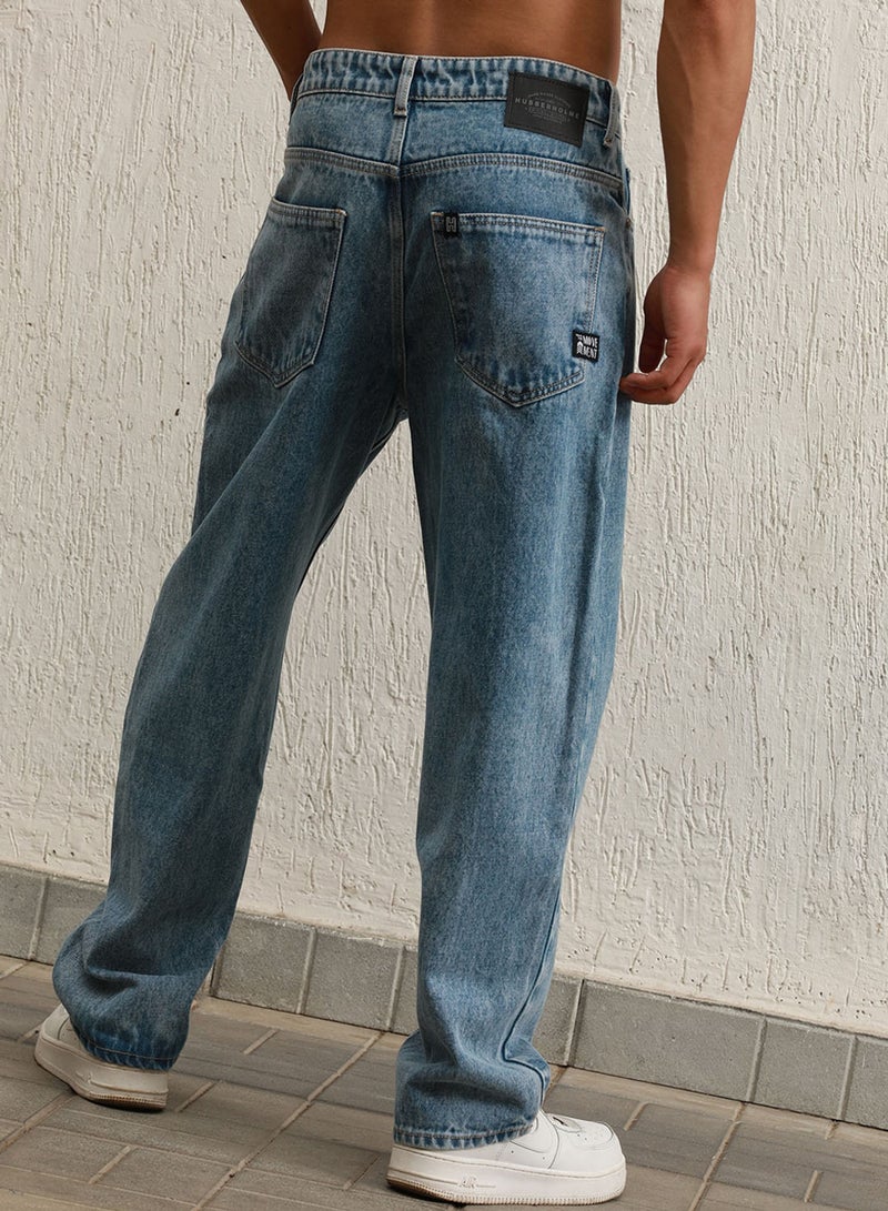 Hubberholme Men's Indigo 100% Cotton Bleached Full Length Loose Jeans - Image 3