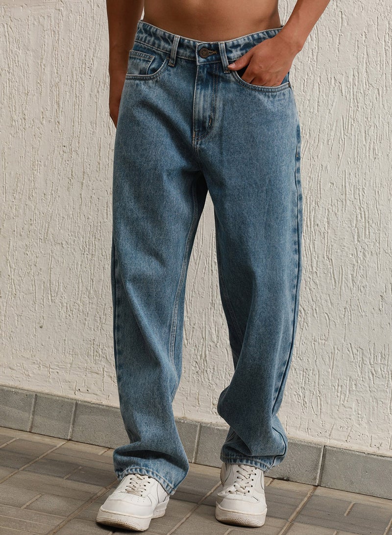 Hubberholme Men's Indigo 100% Cotton Bleached Full Length Loose Jeans - Image 1