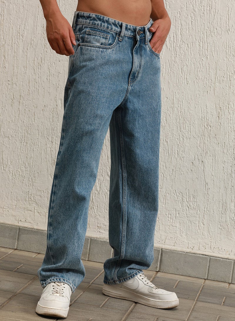 Hubberholme Men's Indigo 100% Cotton Bleached Full Length Loose Jeans - Image 2