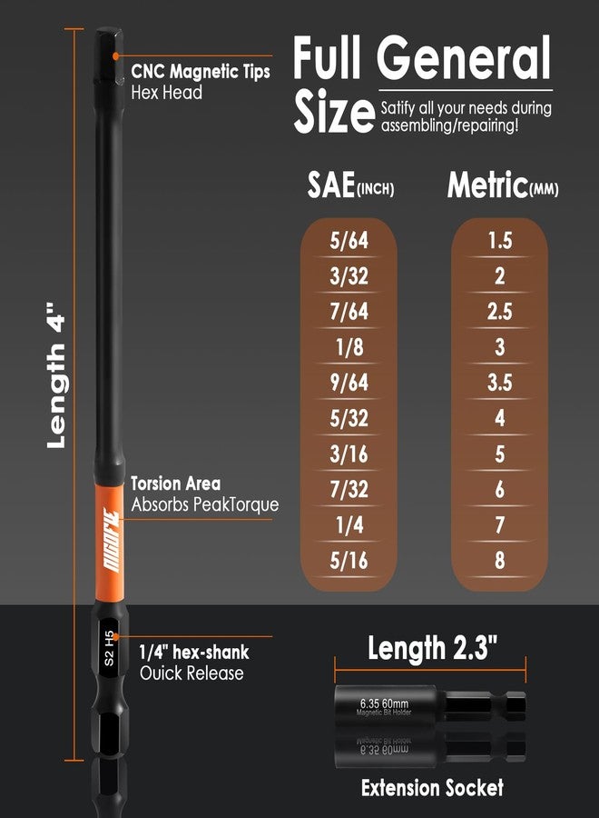 Nicofie Impact 4" Long Allen Wrench Drill Bit Set Hex Bit Set 20pcs (Metric&SAE), 1/4" Hex-Shank S2 Steel Hex Head, CNC Machined Tips with Magnetism, with Extension Socket and Storage Box - Image 4