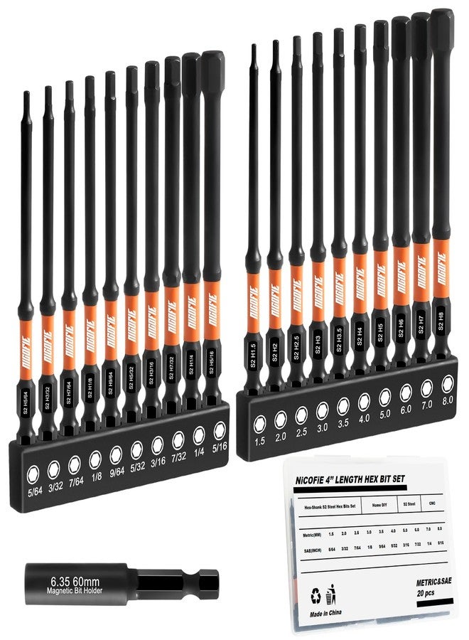 Nicofie Impact 4" Long Allen Wrench Drill Bit Set Hex Bit Set 20pcs (Metric&SAE), 1/4" Hex-Shank S2 Steel Hex Head, CNC Machined Tips with Magnetism, with Extension Socket and Storage Box - Image 1
