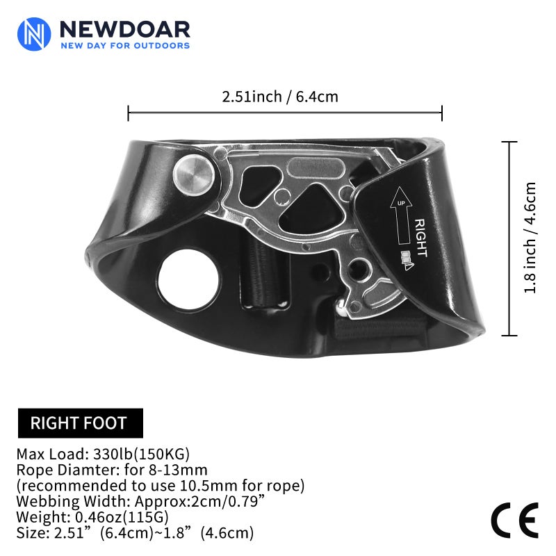 NewDoar Right Foot Ascender Riser Rock Climbing Tree Arborist Mountaineering Rappelling Quick Step Equipment CE Certified Climbing Device for 8~13MM Rope(Right Black) - Image 2