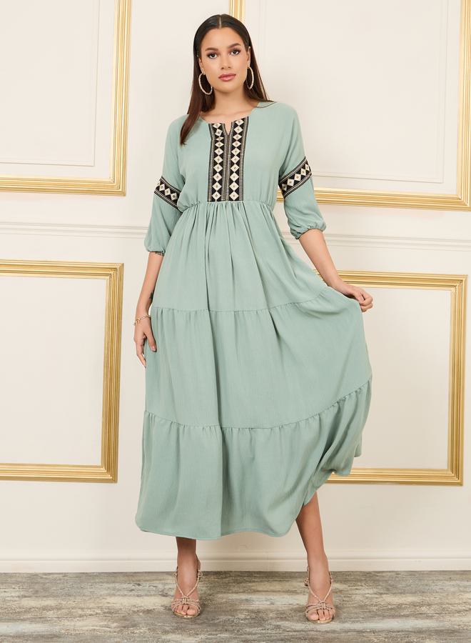 Styli Embroidered 3/4 Sleeves Tiered Maxi Dress - Image 1