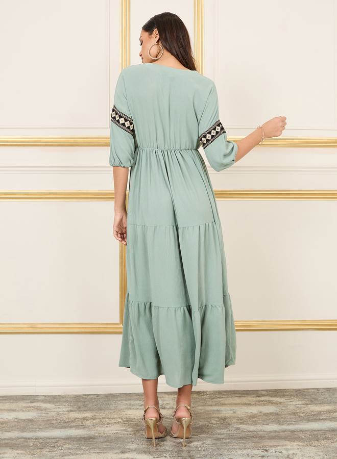 Styli Embroidered 3/4 Sleeves Tiered Maxi Dress - Image 4