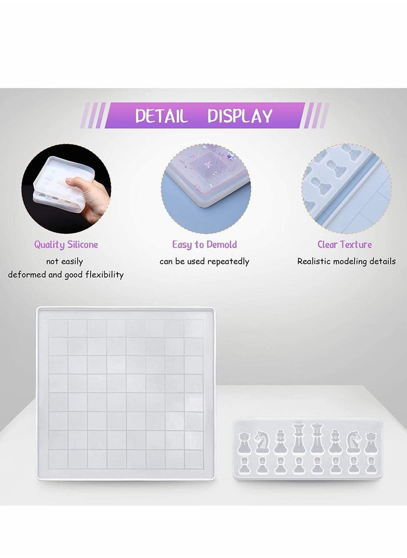 Chess Silicone Mold Set, Includes Board Epoxy Resin Casting Mould and 2 Pcs 3D Pieces Molds for DIY Crafts Making, Family Games