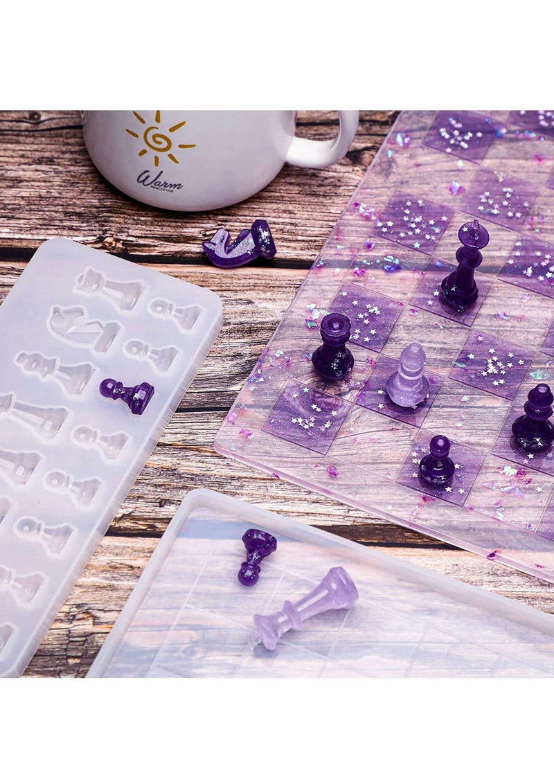 Chess Silicone Mold Set, Includes Board Epoxy Resin Casting Mould and 2 Pcs 3D Pieces Molds for DIY Crafts Making, Family Games