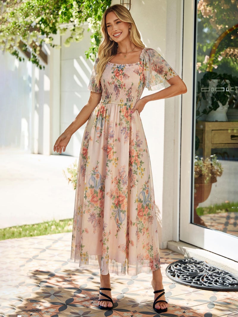 Simplee Womens Floral Maxi Dresses 2026 Summer Square Neck Mesh Short Sleeve Smocked Boho Flowy Wedding Guest Dress - Image 2