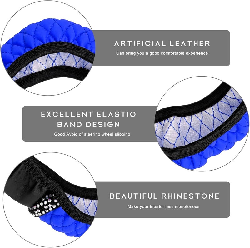 ZNDAW Bling Car Steering Wheel Cover, 15 Inch Sparkly Rhinestone Soft Leather Steering Wheel Protector, Non-Slip Universal Auto Elastic Steering Wheel Covers for Women Girls (Blue) - Image 3