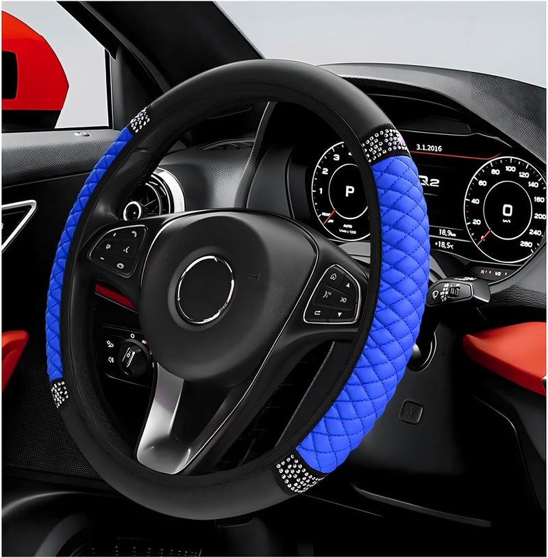 ZNDAW Bling Car Steering Wheel Cover, 15 Inch Sparkly Rhinestone Soft Leather Steering Wheel Protector, Non-Slip Universal Auto Elastic Steering Wheel Covers for Women Girls (Blue) - Image 1