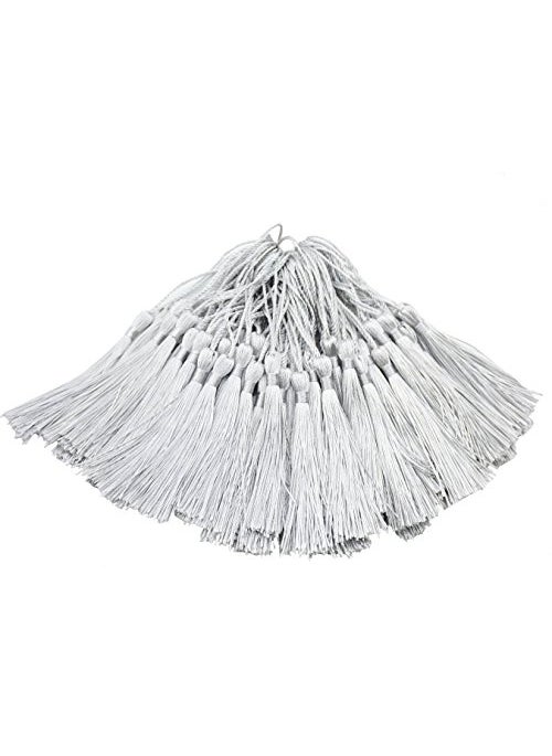 Makhry 100pcs 13cm5 Inch Silky Floss Bookmark Tassels with 2Inch Cord Loop and Small Chinese Knot for Jewelry Making Souvenir Bookmarks DIY Craft Accessory Silver 