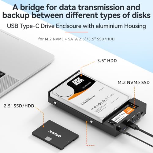 MAIWO USB C M.2 NVMe SSD Enclosure to 3.5'' 2.5'' SATA Enclosure with Offline Clone, USB 3.2 GEN 2 10Gbps Dual Bay External Hard Drive Enclosure Duplicator Standalone Cloner - Image 3