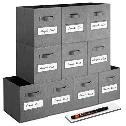 artsdi 11 Inch Storage Cube,Storage bin (Set of 10) Foldable Fabric Cube Storage Bins with 10 Labels Window Cards & a Pen,Baskets Containers for Shelves,Closet Organizers Box for Home & Office,Gray - Image 1