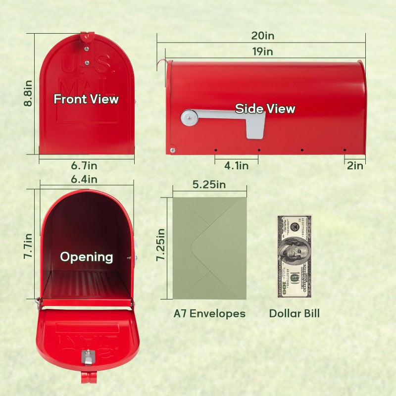 RAINHOL Metal Mailboxes for Outside Post Mount, Galvanized Steel Standard Mail Box, 20 x 8.9 x 6.7 inches, Medium Compacity, Red Mailbox - Image 4